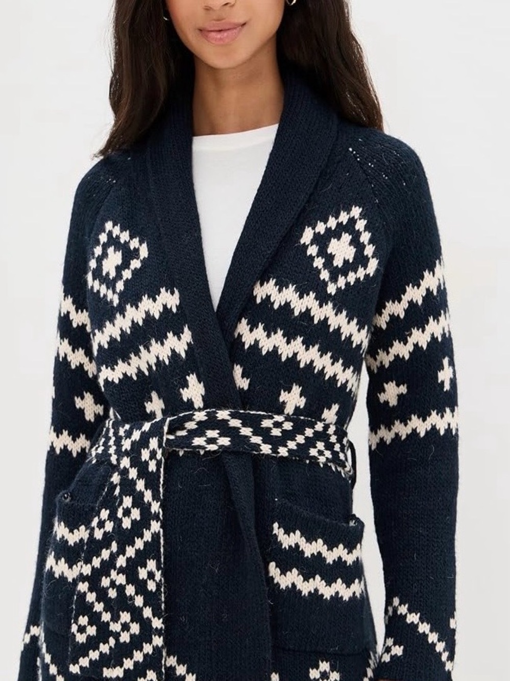 THE GREAT. The Reversible Shawl-Collar Knit Cardigan, Navy and Cream